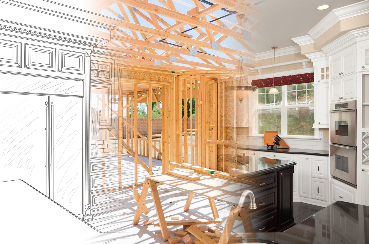 A home kitchen is shown in the varying stages of blueprint, construction, and final product